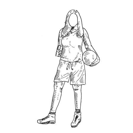 a female volleyball player raises her right thumb, volleyball in her left hand. Retro vintage sketch vector illustration. Engraving style. black isolated on white background. vector draw graphic design illustration sketch.のイラスト素材