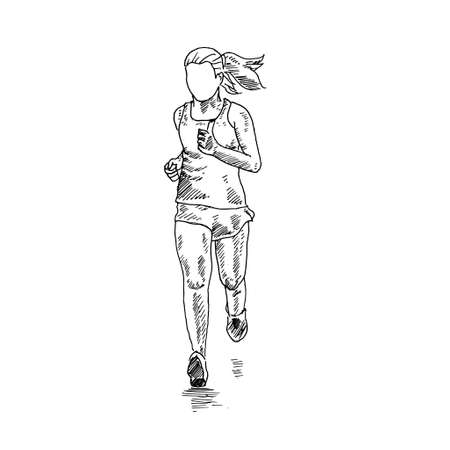 female runner raises her thumb after crossing the finish line. Retro vintage sketch vector illustration. Engraving style. black isolated on white background. vector draw graphic design illustration sketch.のイラスト素材