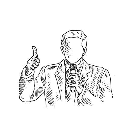 a man is giving a greeting by raising his right thumb. Retro vintage sketch vector illustration. Engraving style. black isolated on white background. vector draw graphic design illustration sketch.のイラスト素材