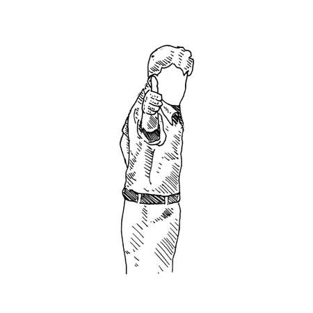 a referee standing looking to the side raising his right thumb. Retro vintage sketch vector illustration. Engraving style. black isolated on white background. vector draw graphic design illustration sketch.のイラスト素材