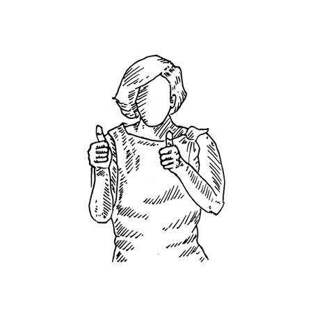 a well-dressed man, raising his left thumb up. Retro vintage sketch vector illustration. Engraving style. black isolated on white background. vector draw graphic design illustration sketch.のイラスト素材