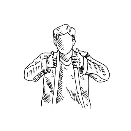 a well-dressed man, raising his left thumb up. Retro vintage sketch vector illustration. Engraving style. black isolated on white background. vector draw graphic design illustration sketch.のイラスト素材
