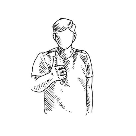 a well-dressed man, raising his left thumb up. Retro vintage sketch vector illustration. Engraving style. black isolated on white background. vector draw graphic design illustration sketch.のイラスト素材