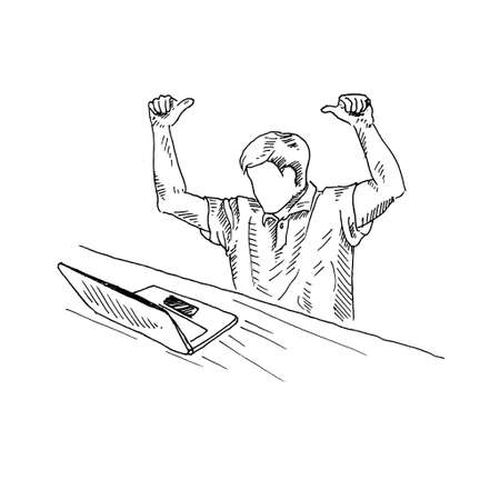 a young man raises his hands with thumbs up in front of a notebook. Retro vintage sketch vector illustration. Engraving style. black isolated on white background. vector draw graphic design illustration sketch.のイラスト素材