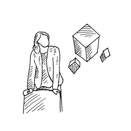 a student is demonstrating her findings with cube media in front of participants. Retro vintage sketch vector illustration. Engraving style. black isolated on white background. vector draw graphic design illustration sketch.のイラスト素材