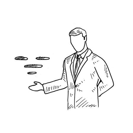 a lecturer is demonstrating a material at a presentation at a seminar. Retro vintage sketch vector illustration. Engraving style. black isolated on white background. vector draw graphic design illustration sketch.のイラスト素材