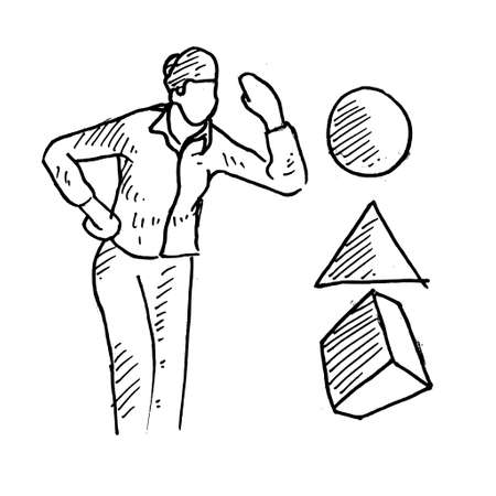 a lecturer is demonstrating a presentation in front of the class using cube, triangle and circle media. Retro vintage sketch vector illustration. Engraving style. black isolated on white background. vector draw graphic design illustration sketch.のイラスト素材