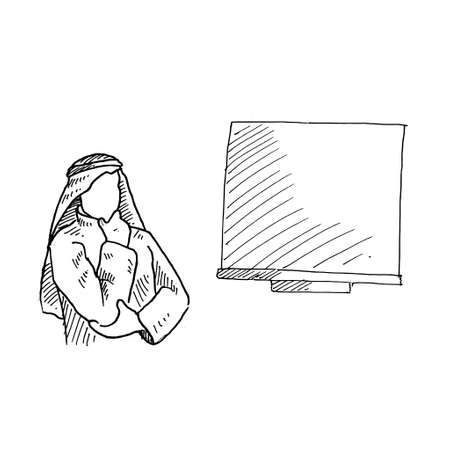 a Muslim lecturer makes a presentation with a blackboard in front of the seminar participants. Retro vintage sketch vector illustration. Engraving style. black isolated on white background. vector draw graphic design illustration sketch.のイラスト素材
