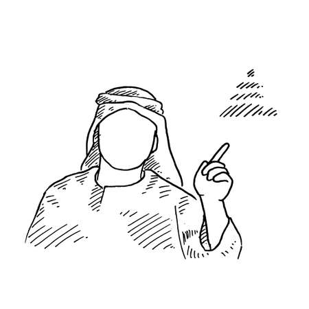 a Muslim scientist is presenting his findings in a pyramid. Retro vintage sketch vector illustration. Engraving style. black isolated on white background. vector draw graphic design illustration sketch.のイラスト素材