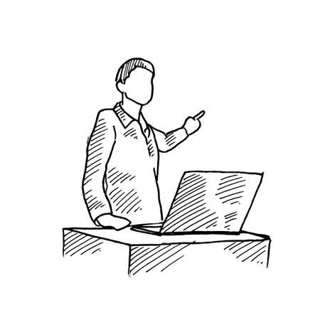 a lecturer is presenting at a desk and a laptop. Retro vintage sketch vector illustration. Engraving style. black isolated on white background. vector draw graphic design illustration sketch.のイラスト素材