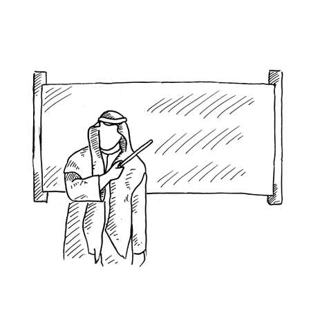 presenters at a seminar are presenting material on the blackboard. Retro vintage sketch vector illustration. Engraving style. black isolated on white background. vector draw graphic design illustration sketch.のイラスト素材
