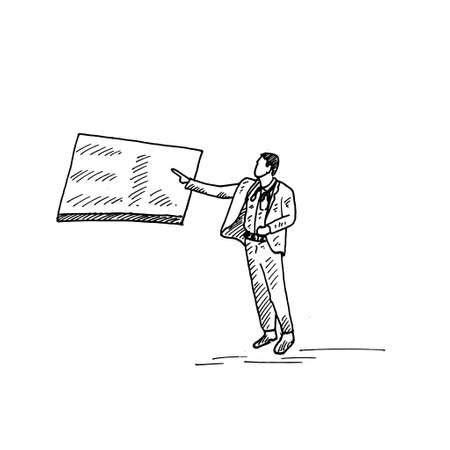 a doctor is explaining his findings in a conference room presentation. Whiteboard. Retro vintage sketch vector illustration. Engraving style. black isolated on white background. vector draw graphic design illustration sketch.のイラスト素材