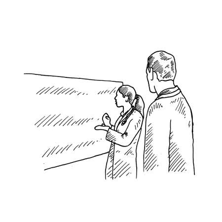 a female doctor is presenting the findings in a vaccine to a professor. Retro vintage sketch vector illustration. Engraving style. black isolated on white background. vector draw graphic design illustration sketch.のイラスト素材