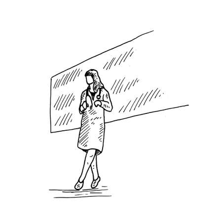 a beautiful female doctor is standing in front of the class doing a presentation. Retro vintage sketch vector illustration. Engraving style. black isolated on white background. vector draw graphic design illustration sketch.のイラスト素材
