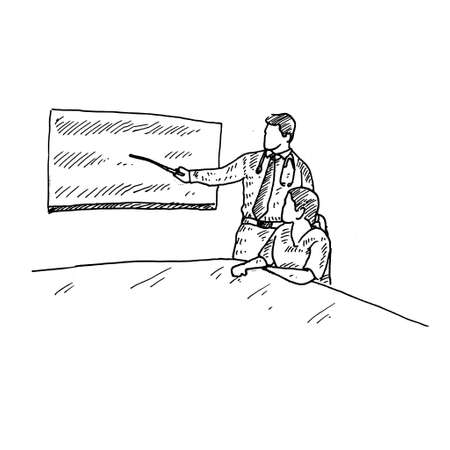 a male doctor is explaining to his patient about the discovery of the covid-19 virus. Retro vintage sketch vector illustration. Engraving style. black isolated on white background. vector draw graphic design illustration sketch.のイラスト素材