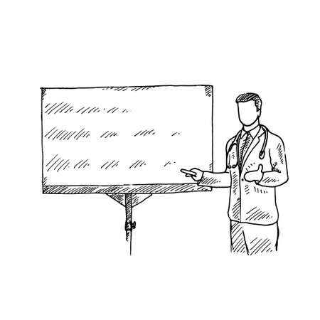 a male doctor is presenting in front of the class with a blackboard and a pen in his hand. Retro vintage sketch vector illustration. Engraving style. black isolated on white background. vector draw graphic design illustration sketch.のイラスト素材