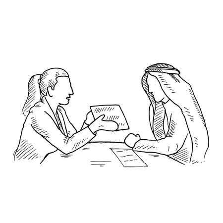 two coworkers discussing a job, woman in pigtails, man in turban. Retro vintage sketch vector illustration. Engraving style. black isolated on white background. vector draw graphic design illustration sketch.のイラスト素材