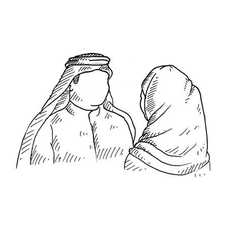 a man in a turban talking to a woman in a hijab. Retro vintage sketch vector illustration. Engraving style. black isolated on white background. vector draw graphic design illustration sketch.のイラスト素材