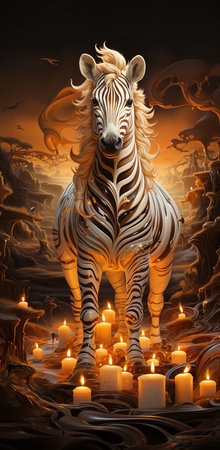 a zebra stands in a field of candles, its black and white stripes glowing in the candlelight. The surreal scene creates a sense of wonder and magicの素材