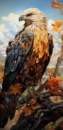 a majestic eagle perched on a tree branch, surrounded by green leaves and with snow-capped mountains in the background, Its bright white head and tail contrast sharply with its dark brown body.の素材