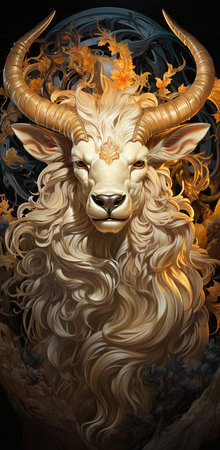 a majestic white goat with gleaming gold horns standing in a dark forest.の素材