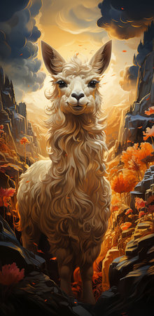 a white llama standing in front of a cave., with attention to detail in the llama's fur and the cave behind it.の素材