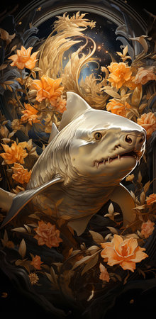a shark swimming through a surreal garden of roses. The shark is lifelike and powerful, while the roses are vibrant and beautiful.の素材