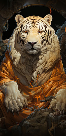 a white tiger wearing an orange robe and sitting on a rock. The tiger is looking directly at the viewer with its bright blue eyes.の素材