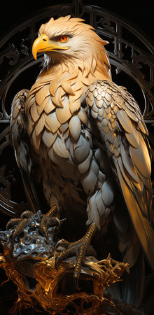 a eagle soaring through a clear blue sky. The eagle's powerful wings are outstretched, and its head is turned to the side, surveying its surroundings.の素材