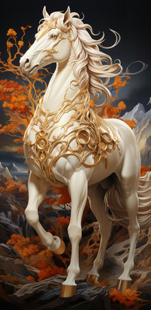 A majestic white horse with a golden harness stands proudly on top of a mountain, overlooking a vast and breathtaking landscape.の素材