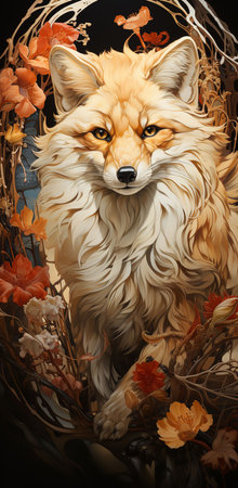 Two foxes standing next to each other in a field of flowers.の素材