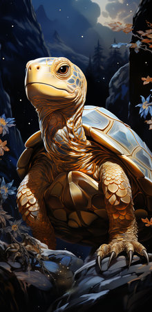 a golden turtle sitting on a rock in the middle of a forest, surrounded by flowers and trees.の素材