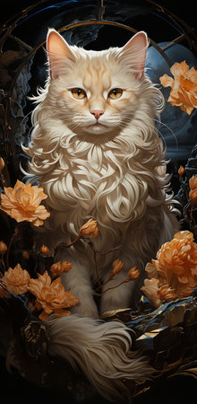 a cat sitting in a garden of flowers. The cat is a long-haired tabby with white paws and chest. It has bright green eyes and a curious expression on its face.の素材