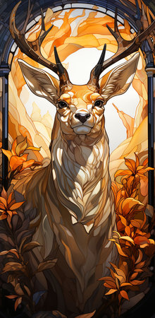 a deer standing in front of a stained glass window. The deer is looking directly at the camera with a serene expression.の素材