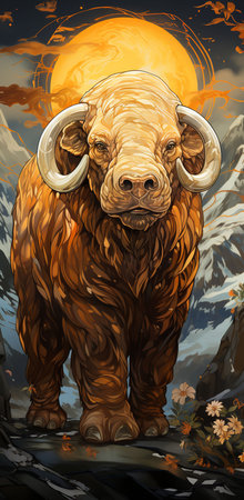 a majestic bull standing on a mountaintop, surrounded by wildflowers and bathed in the light of a full moon. The bull's powerful form is silhouetted against the night sky, his horns reaching up towardの素材