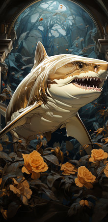 a shark swimming through a garden of roses. The shark's sharp teeth and powerful jaws contrast with the delicate beauty of the roses, creating a surreal and captivating scene.の素材