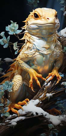 a lizard sitting on a tree branch. The lizard is bright orange with sharp claws and a long tail. It is surrounded by lush green leaves and colorful flowers.の素材