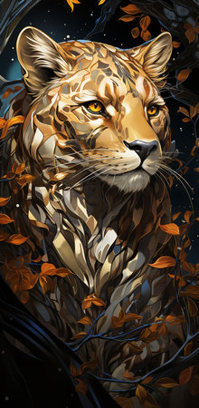 a leopard surrounded by leaves in a forest. The leopard is in a sitting position, Its fur is a rich golden brown color, with black spots and rosettes.の素材
