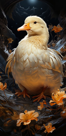 a duck is sitting on a sturdy branch of a large tree. It is facing the viewer with its head tilted slightly to the side.の素材