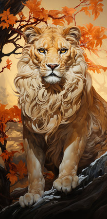 a lion standing on top of a log in the woods, with a large mane and surrounded by leaves.の素材