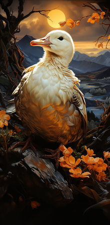 a white duck perched on top of a rock in the middle of a forest with flowers and trees. The full moon is in the background, casting a soft glow over the scene.の素材