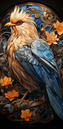 A colorful hen sitting on a branch, surrounded by flowers and leaves.の素材