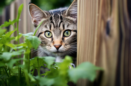 Cat peeking out from behind a wooden fence with green eyes, possibly a tabby catの素材