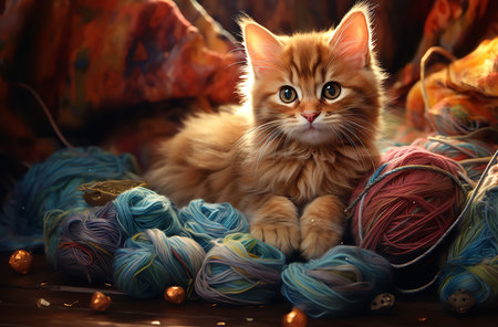 Kitten sitting in a wicker basket surrounded by balls of yarn, looking directly at the camera.の素材