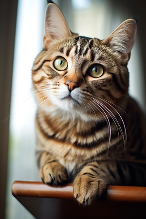An adorable tabby cat sits on a wooden table, its head tilted to the side and its bright green eyes looking directly at the camera. The cat's fur is soft and fluffy, and its tail is curled around its paws.の素材