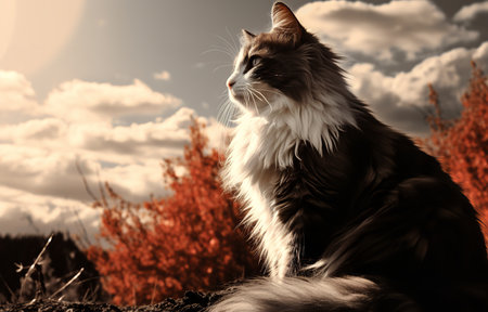 Fluffy ginger cat sitting on top of a hill, looking up at a starry sky, possibly a Norwegian Forest cat, Maine Coon, or Siberian cat.の素材