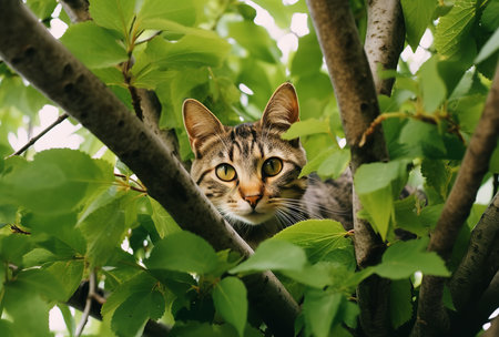 A curious tabby cat with bright green eyes sits on a sturdy tree branch, surrounded by lush green leaves. The cat's soft fur and striped pattern contrast beautifully with the vibrant greeneryの素材