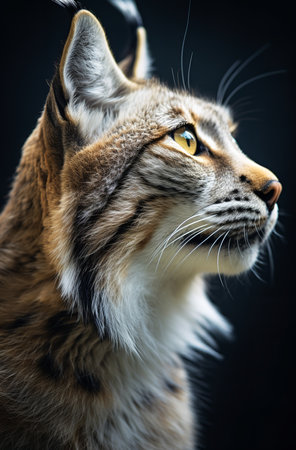 A majestic lynx with piercing green eyes and a thick coat of fur sits perched on a sturdy tree branch, surveying its surroundings. The lynx's powerful build and sharp clawsの素材