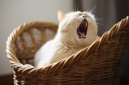 A white cat with bright green eyes is yawning widely in a wicker basket. The cat's fur is soft and fluffy, and its expression is one of relaxation and contentment.の素材