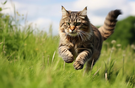 A playful black kitten with bright green eyes chases a string on a wooden floor, its fluffy fur and curious demeanor capturing the essence of feline innocence and joy.の素材